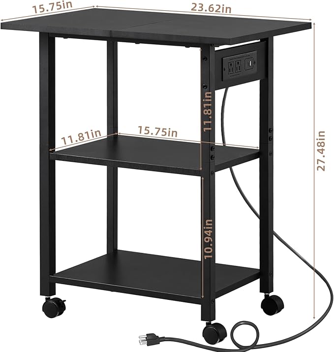 Lerliuo 3-Tier Printer Stand with Charging Station, Industrial Mobile Printer Table with Storage Shelf and Steel Frame, Rolling Printer Cart Holder with Lockable Wheels for Home, Office (Black)