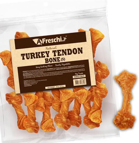 AFreschi Turkey Tendons for Dogs, USA-Sourced, Healthy Dog Treats, Rawhide-Free Puppy Chews, Long Lasting, All Natural, Hypoallergenic Dog Treats for Small Breeds, 8 oz Pack Bone (S)