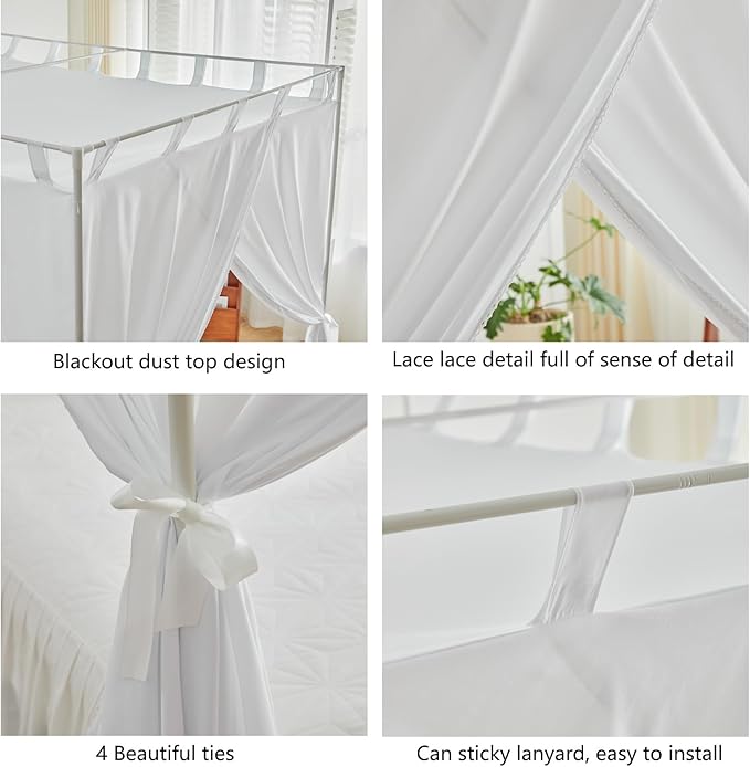 AIKASY White Canopy Bed Curtains with Top Ties and Tie Backs for Bedroom Decoration - Twin Size Bed Curtains with Windproof and Lightproof Features
