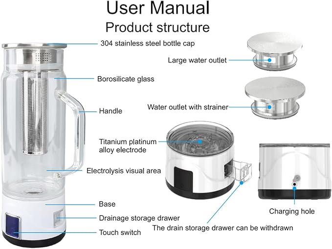 Hydrogen Water Kettle, 1000ml Rich Hydrogen Water Bottle Generator, Electrolysis Machine with Tea Infuser, Detachable Touch Switch Water Ionizer, Reducing Oxidative Stress