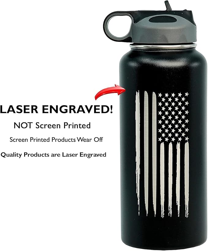 32oz American Flag Stainless Steel Insulated Water Bottle - Engraved USA Flag - American Flag Gift Set | Disabled USMC Vet Owned SMALL Business