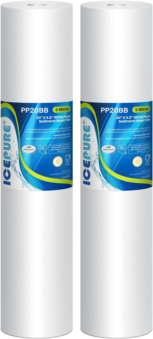 ICEPURE 5 Micron 20" x 4.5" Whole House Sediment Home Water Filter Replacement Cartridge, Compatible with SP-DD-5005-20BB, FPMB5-20, AP810-2, 155358-43, SDC-45-2005, 2PP20BB1M, P5-20, FP25B, 2 Pack