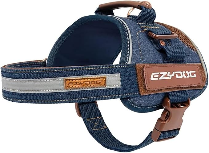 EzyDog Convert Dog Harness – Trail-Ready Rugged Harness for Walking, Hiking & Outdoors with Reflective Piping, Badge Attachment Points, Traffic Handle, & Comfort Lining (XX-Large, Denim)