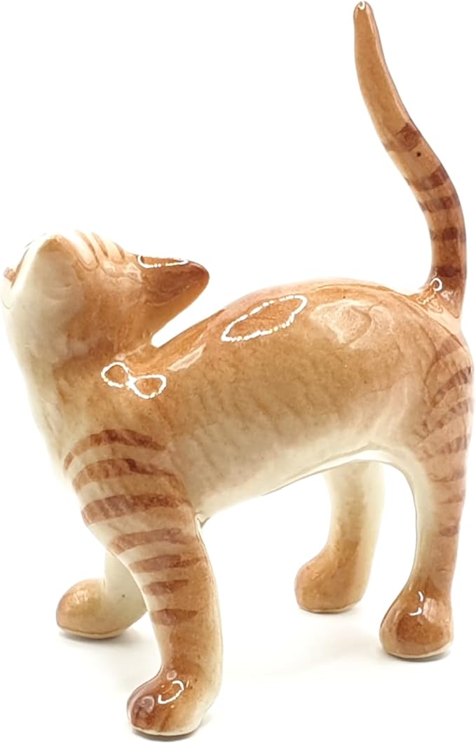 WitnyStore Tiny 2" Brown White Tabby Shorthair Cat Standing Look Up Figurine - Miniature Hand Made Painted Ceramic Cats Kitten Feline Animal Cute Porcelain Decorative Collectible Figurines Décor Gifts