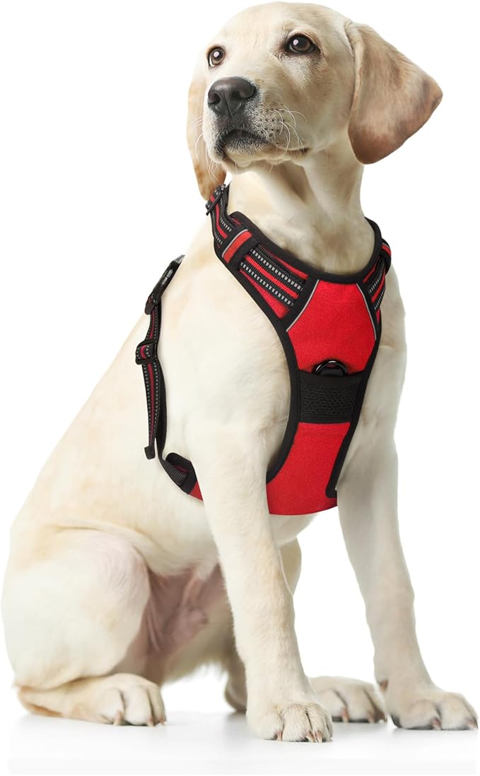 Funfox Dog Harness No Pull, Adjustable Pet Vest Harness Red L with Handle, 2 Leash Clips for Daily Walking Easy Control, Soft Durable Reflective Comfortable for Large Breed Dogs