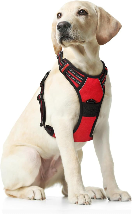 Funfox Dog Harness No Pull, Adjustable Pet Vest Harness Red L with Handle, 2 Leash Clips for Daily Walking Easy Control, Soft Durable Reflective Comfortable for Large Breed Dogs