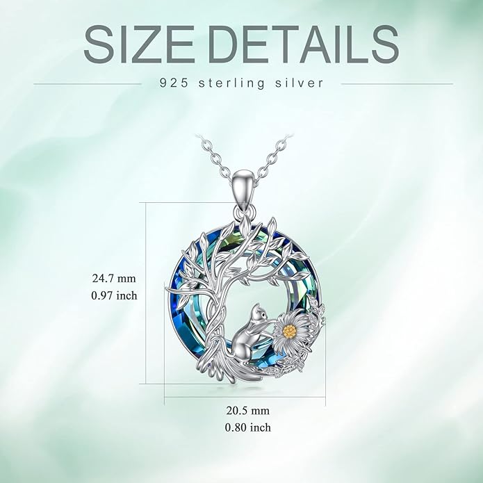 TOUPOP Cat Gifts for Cat Lovers Sterling Silver Cute Cat Tree of Life Pendant Necklace with Blue Circle Crystal Birthday Christmas Jewelry Gifts for Women