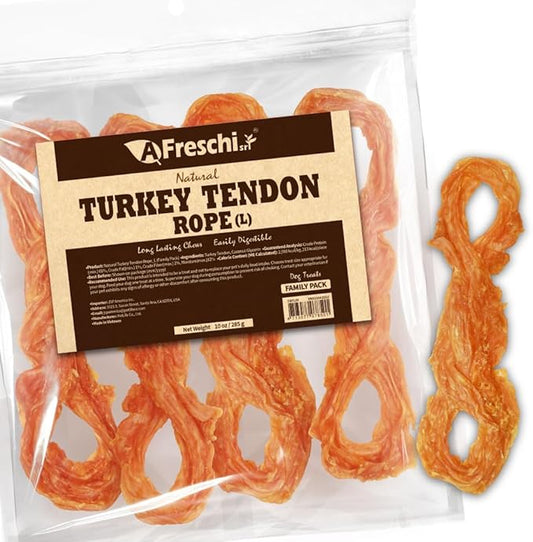 AFreschi Turkey Tendons for Dogs, USA-Sourced, Healthy Dog Treats, Rawhide-Free Puppy Chews, Long Lasting, All Natural, Hypoallergenic Dog Treats for Large Breeds, 10 oz Pack Rope (L)