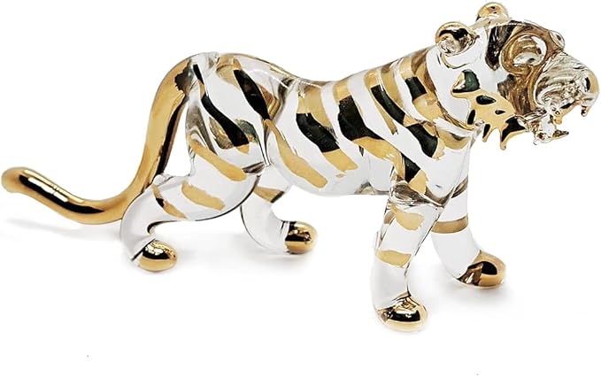 WitnyStore Tiny 6¼" Long Clear Gold Standing Tiger Roaring Figurine - Miniature Hand Blown Painted Glass Panthera Wild Cat Small Crystal Wildlife Animals Decorative Collectible Figurines Décor Gifts