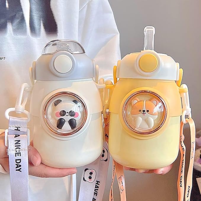Kawaii Water Bottle with Straw,Travel Cute Water Bottles with Adjustable Strap Leak Proof BPA Free Wide Mouth Water Cup with Lid for Girls(Yellow)