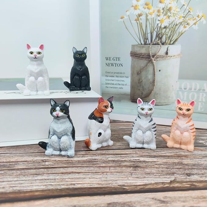 6 Pcs Realistic Cat Figure Mini Cute Sitting Cats Characters Miniature Educational Figures Kitten Distressed Cats Easter Eggs Cake Topper Christmas Birthday Gift for Cat Lover