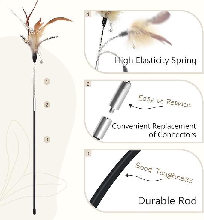 SONGWAY Cat Feather Wand Toy - Cat Teaser Toy Wand with 4 Flexible Spring Feather Refills, Interactive Cat Toys for Indoor Cats Kitten