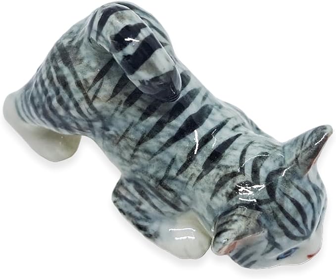 WitnyStore Tiny 2⅛" Gray White Tabby Shorthair Cat Bending Down Figurine - Miniature Hand Made Painted Ceramic Cats Kitten Feline Animal Cute Porcelain Decorative Collectible Figurines Décor Gifts