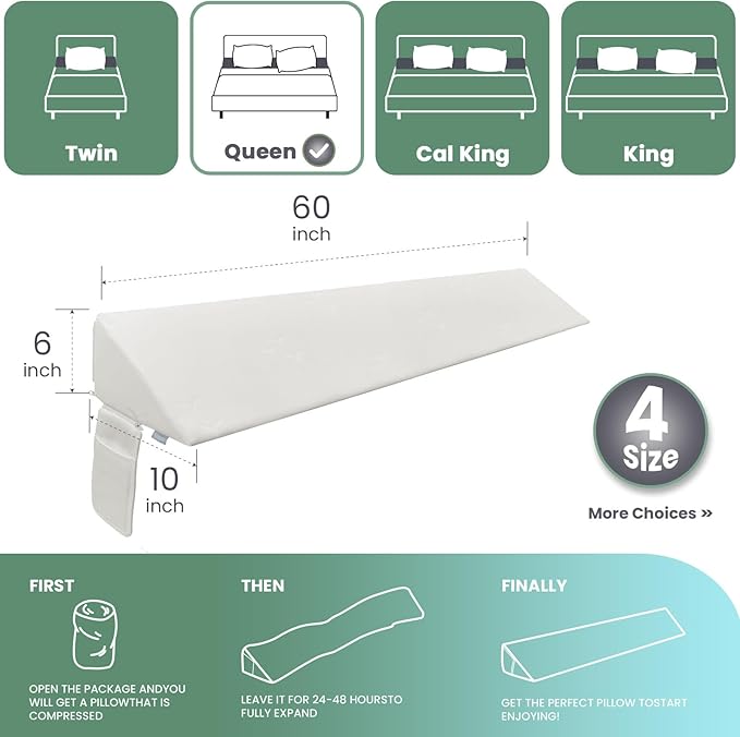 Wedge Pillow Headboard, Ultimate Comfort Bed Wedge Pillow for Headboard, Relaxation Bed Gap Filler for Queen(60"x10"x6"), Foam Pillow Wedge for Headboard Gap, Overall Bed Gap Filler.