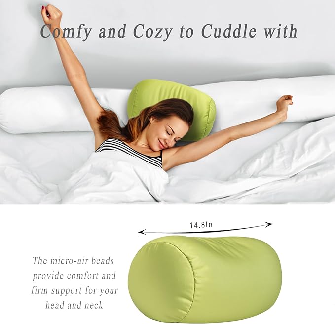 Microbead Body Pillow, Tube Microbead Bolster Bean Smooth Cool Pillow Neck Cervical Roll Pillow for Sleeping 7 x 12Inch Throw Travel Pillow (Olive Green)