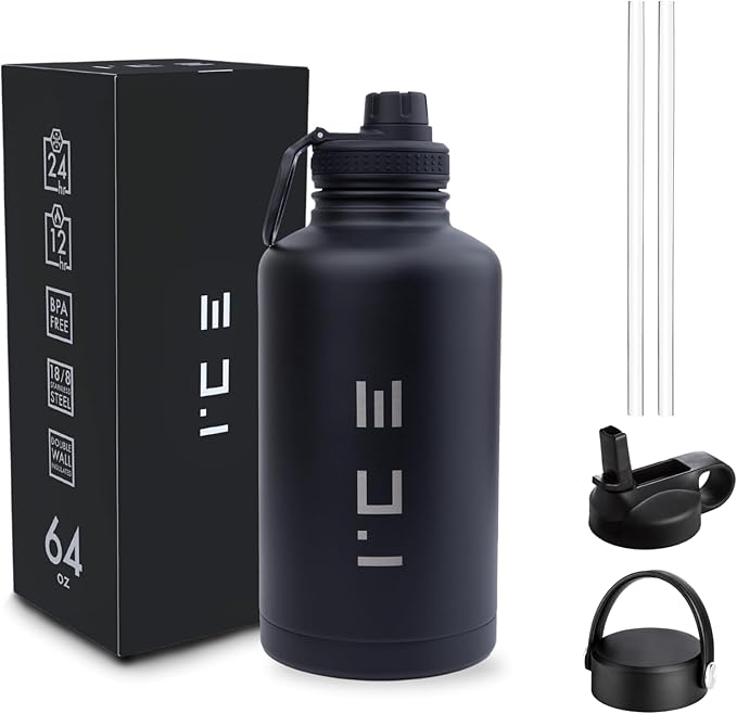 ICE Sports Water Bottle - Includes 3 Lids (1 Straw Lid) & 2 Straws - Leak proof Stainless Steel Gym & Sport Bottles for Men, Women & Kids - Double Walled, Insulated Thermos (Black, 64 oz)