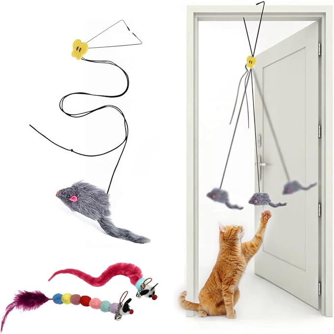 Interactive Cat Toys for Indoor Cats - Hanging Door Cat Toy with Bouncy Mouse and Bell - Door-Mounted Fun Toy for Cats at Home - Includes 2 Bonus Attachments