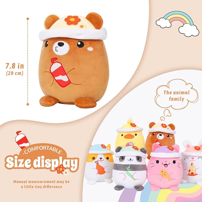 AIXINI Cute Brown Bear Plush Pillow 8" Stuffed Animal, Soft Kawaii Bear Plushie with Hat Outfit Costume Gift