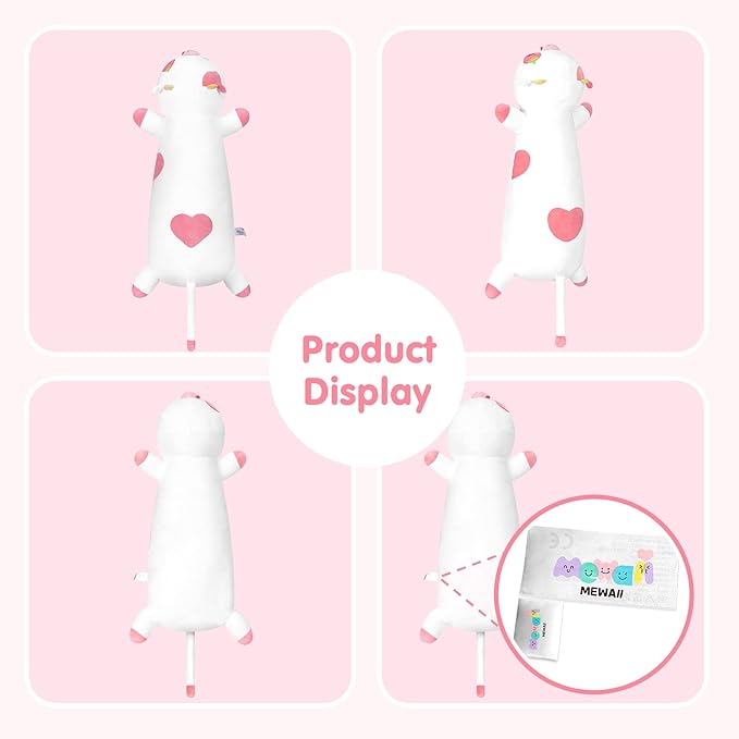 Strawberry Cow Plush Body Pillow, 25" Kawaii Cow Stuffed Animals Squishy Pillow, Cute Plushies Cuddle Pillow for Kids, Long Plush Cow Pillow Toys, Birthday Gifts for Women, Girls and Males