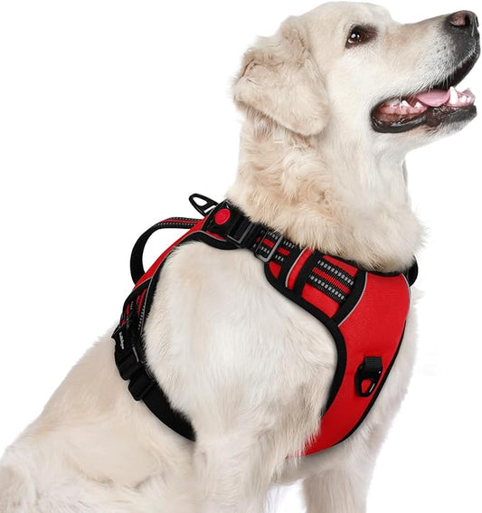 rabbitgoo Dog Harness for Large Dogs, No Pull Pet Harness with Soft Padded Handle, Adjustable Reflective Vest with 3 Buckles, Easy Walking Harness with 2 Leash Clips, Red, L