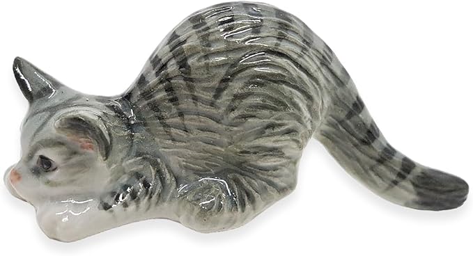 WitnyStore Tiny 2¼" Long Gray Tabby Shorthair Cat Crouching Down Figurine - Miniature Hand Made Painted Ceramic Cats Kitten Feline Animal Cute Porcelain Decorative Collectible Figurines Décor Gifts