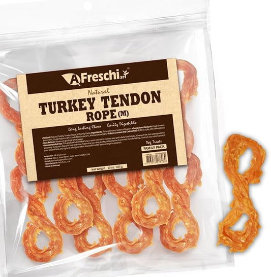 AFreschi Turkey Tendons for Dogs, USA-Sourced, Healthy Dog Treats, Rawhide-Free Puppy Chews, Long Lasting, All Natural, Hypoallergenic Dog Treats for Medium Breeds, 10 oz Pack Rope (M)