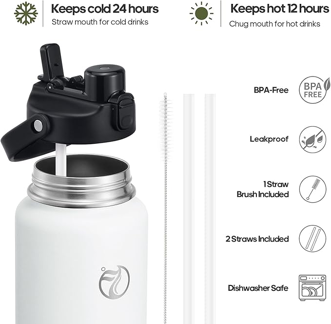 HydroPal Half Gallon Insulated Water Bottle with 2-in-1 Lid (Chug Lid/Straw Lid), 64oz Double Walled Vacuum Stainless Steel Water Bottles, Water Jug with Straw (Winter White, 64 OZ)