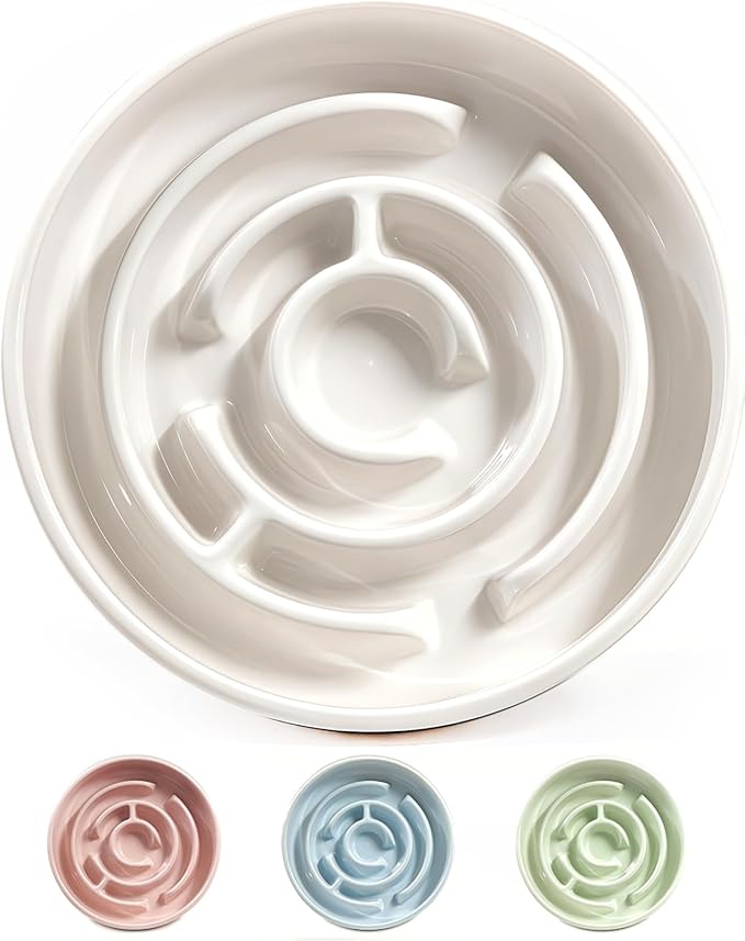 Slow Feeder Dog Bowls, Ceramic Dog Bowl with Anti-Slip, Slow Feeder & Non-Slip Design, Boredom and Anxiety Reducer, Suitable for All Breed Dogs and Cat (Ceramic-White)