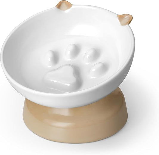vancasso Raised Slow Feeder Cat Bowls, Ceramic Elevated Cat Bowls Wet Food, Cats Food Bowl Slow Feeder for Indoor Cats (Brown)