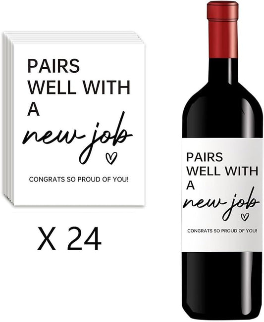 24Pcs New Job Wine Labels, New Job Gifts for Women Men, Promotion Goodbye Farewell Leaving Job Gifts for Coworkers Women, Pairs Well with A New Job Wine Bottle Stickers Labels