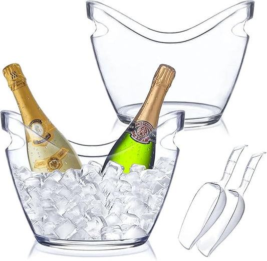 Ice Buckets for Parties, 2 PCS Acrylic Champagne Beverage Tub with 2 Ice Scoops, 4 Liter Clear Wine Buckets Tub for Cocktail Mimosa Bar Beer Drink Bucket for Party (2 x 4L)