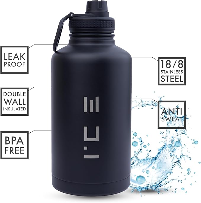 ICE Sports Water Bottle - Includes 3 Lids (1 Straw Lid) & 2 Straws - Leak proof Stainless Steel Gym & Sport Bottles for Men, Women & Kids - Double Walled, Insulated Thermos (Black, 64 oz)