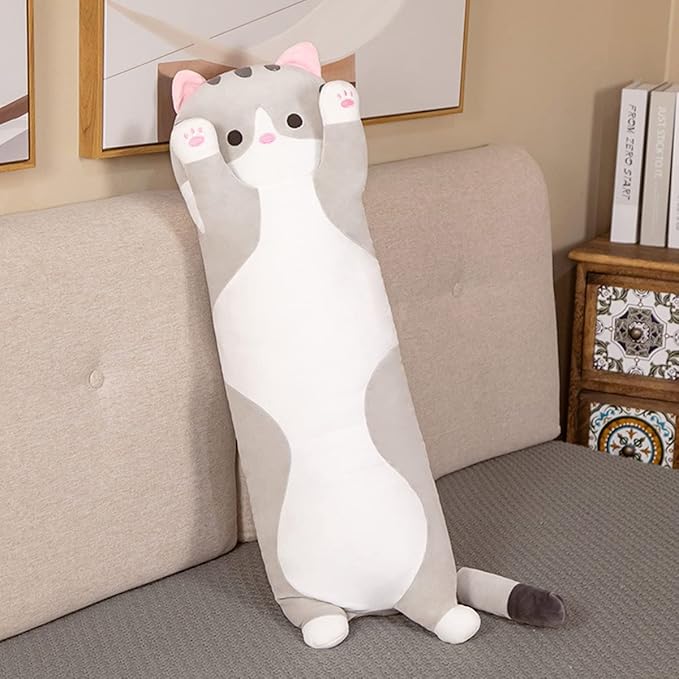 Long Gray Cat Plush Pillow Toy Sleeping Pillow Cute Cartoon Cat Stuffed Animals Soft Long Body Pillow Gift for Kids(35.43in)
