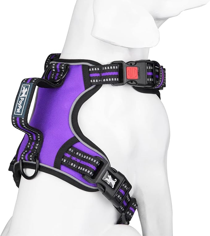 PoyPet No Pull Dog Harness, No Choke Front Clip Reflective Dog Vest with Soft Padded Vertical Handle, 3 Leash Attachments for Small Medium Large Dogs (Purple,M)
