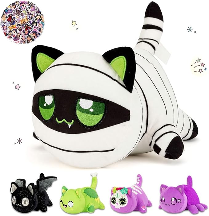 61-PCS | 9.8-inches Mummy Cat Plush + 60-Sticker - Cat Plush Collection - 100% Polyester Plushie Pillow Embroidered - Stuffed Animal Collectible