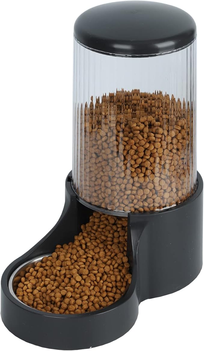 Automatic Cat Feeder, 3.8L Large Gravity Cat Food Dispenser with Detachable Top Lid, Visible Bottle and Stainless Steel Bowl for Pets (Black)