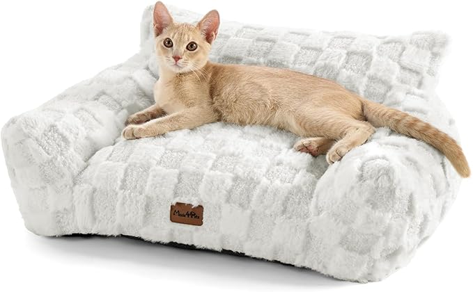 MADE 4 PETS Cat Beds for Indoor Cats, Cat Couch Bed, Soft Faux Fur Checkered Pet Sofa, Calming Fluffy Kitten Sofa with Supportive Foam, Removable Washable Cover with Non-Slip Base, White, Small