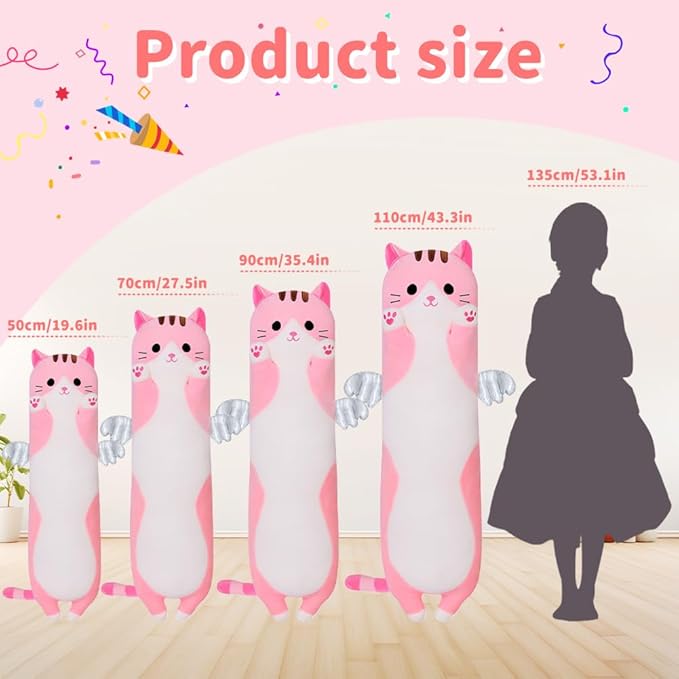 Long Plush Toy Cat Pillow Cute Plush Cat Toy Doll Stuffed Animal Cat Hugging Pillow for Sleeping Gift for Kids and Girls(Pink,50cm/19.6in)