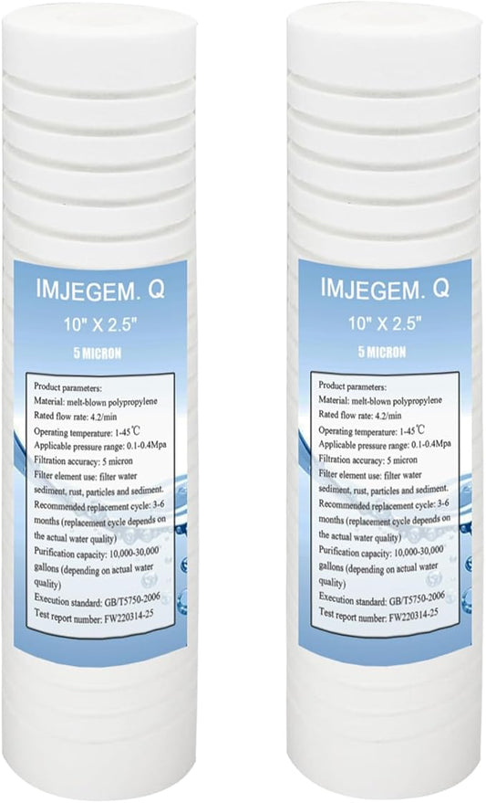 5 micron water filter 10 x 2.5 sediment filter,Be suitable for sediment filter for well water,Reduces sediment, sand, soil, silt and rust and is suitable for standard filter housing. (2 pack)