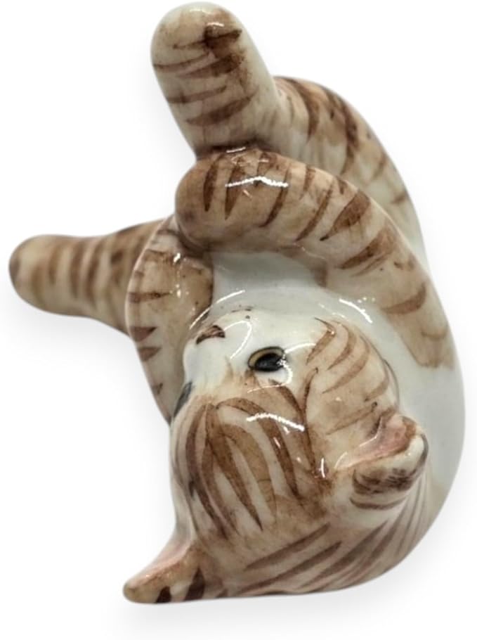 WitnyStore Tiny 1¾" Long White Brown Tabby Shorthair Cat Lying Leg Up Figurine - Miniature Hand Made Painted Ceramic Cats Kitten Feline Animals Cute Porcelain Decorative Collectible Figure Décor Gifts