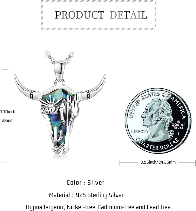 Midir&Etain Western Necklace 925 Sterling Silver Turquoise Pendant Cow Skull/Hat/Tag/Cactus Cowgirl Country Jewelry for Women Men