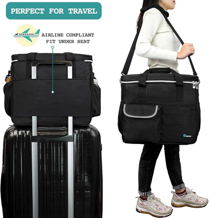 PetAmi Dog Travel Bag - Organizer with Food Container, Bowls & Accessories for Weekend Camping, Cat Diaper Bag (Black, Large)