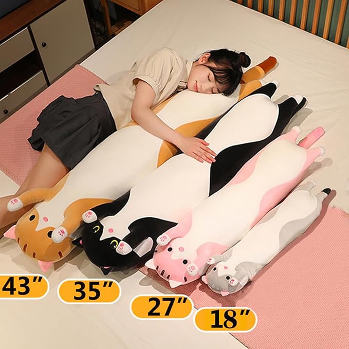 Black Cat Long Plush Pillow Kitty Stuffed Animals Soft Sleeping Throw Pillow Doll Toy Gift(Black,18inches)