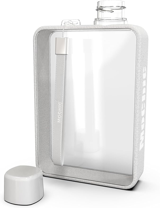 Mochic 13oz Portable Water Flask Flat Water Bottle for Purse Mug BPA Free A5 Slim Square Water Bottle Flask Leak Proof Plastic Flask Bottle for Travel (White)