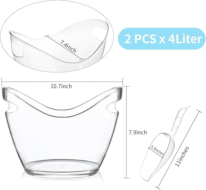 Ice Buckets for Parties, 2 PCS Acrylic Champagne Beverage Tub with 2 Ice Scoops, 4 Liter Clear Wine Buckets Tub for Cocktail Mimosa Bar Beer Drink Bucket for Party (2 x 4L)