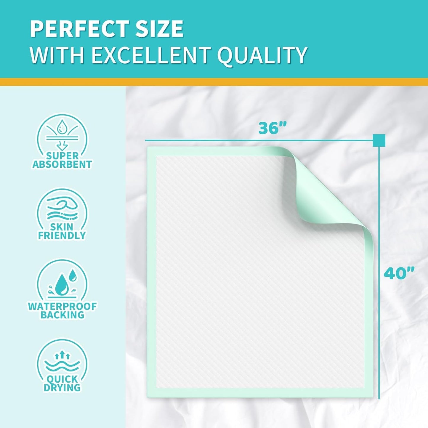 Disposable Bed Pads 40x36 Inch (40 Pack) - Extra Large, Super Absorbent Underpads for Adults & Pets, Waterproof Incontinence Pads, Mattress Protector [100x91CM]