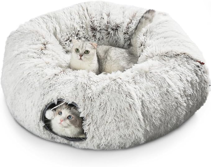 Cat Tunnel Bed, Cat Tunnels for Indoor Cats with 6 Extra Snap Fasteners, Donut Tunnel Tube with Cat Toys Balls for Bored Indoor Adult Cats, Peekaboo Cave Playground for Kitten Rabbit Ferret Hideaway