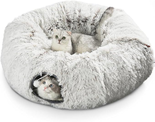 Cat Tunnel Bed, Cat Tunnels for Indoor Cats with 6 Extra Snap Fasteners, Donut Tunnel Tube with Cat Toys Balls for Bored Indoor Adult Cats, Peekaboo Cave Playground for Kitten Rabbit Ferret Hideaway
