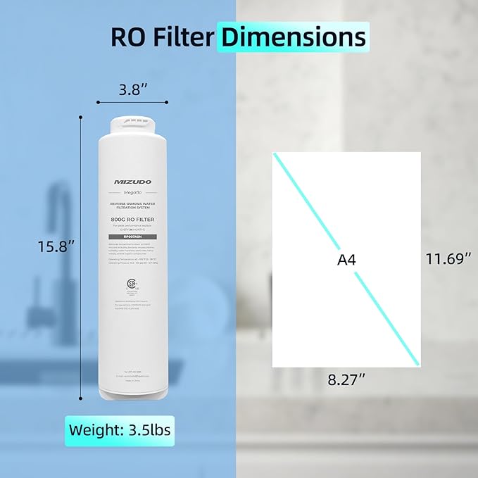 800GPD RO Filter, Replacement for MIZUDO Megaflo 800GPD Reverse Osmosis System, 36-month Lifetime, 0.0001 Micron RO Membrane