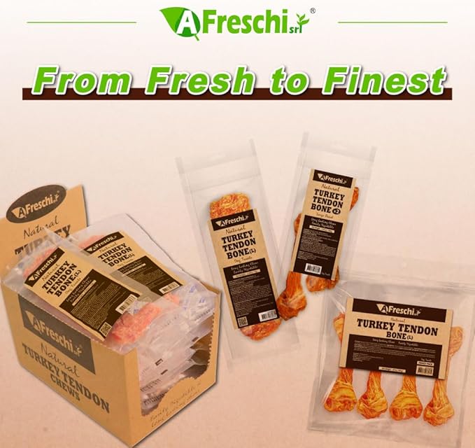AFreschi Turkey Tendons for Dogs, USA-Sourced, Healthy Dog Treats, Rawhide-Free Puppy Chews, Long Lasting, All Natural, Hypoallergenic Dog Treats for Large Breeds, 10 oz Pack Bone (L)